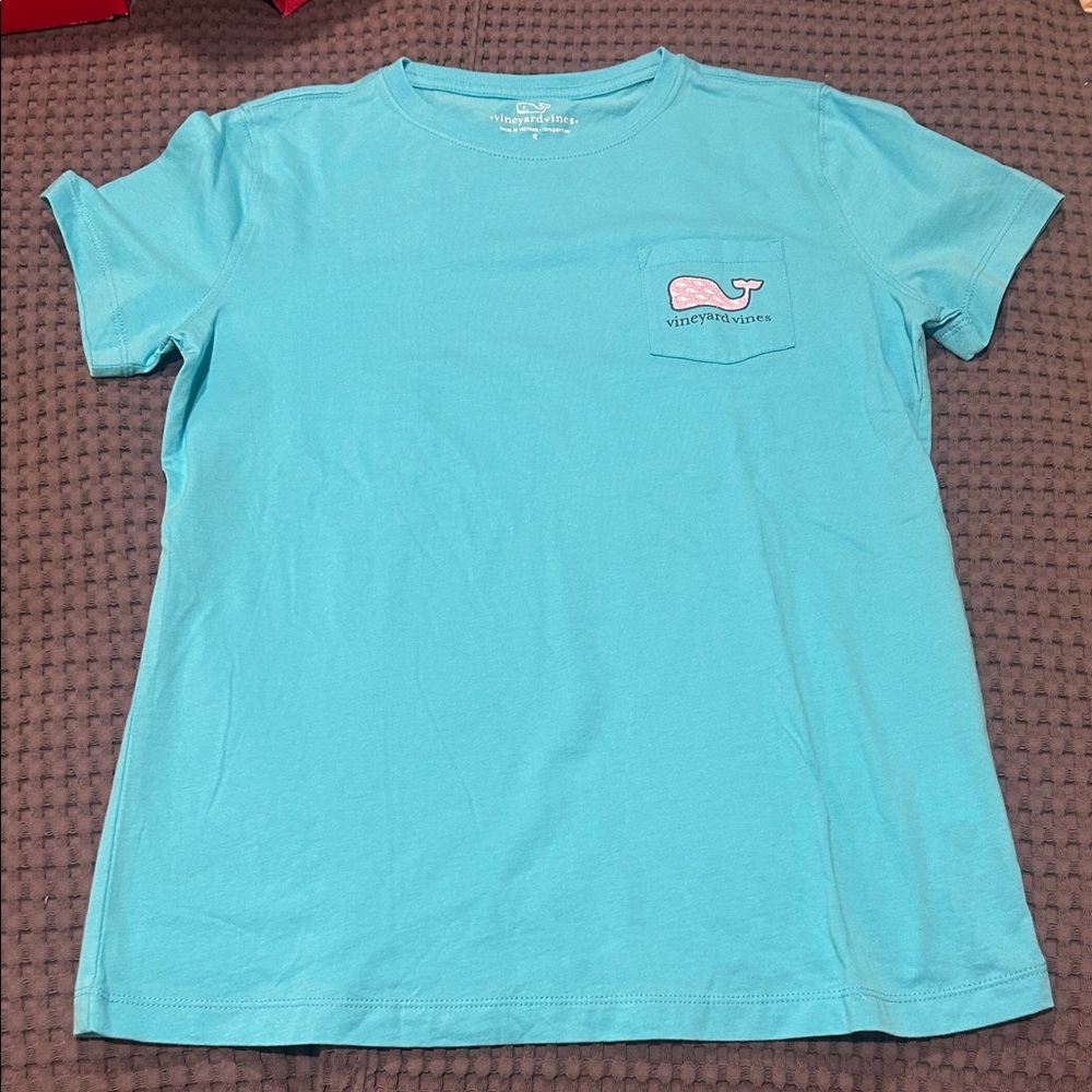 Vineyard Vines Aqua Tee with Pink Whale